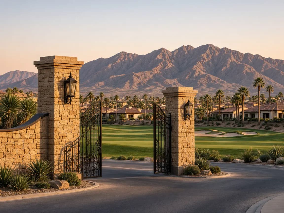 Guard-gated entrance opening onto golf fairways and tile-roof homes in Rhodes Ranch Las Vegas